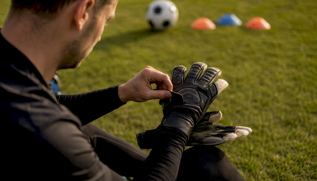 Der Torwart passt seine Fingersave-Handschuhe individuell an.