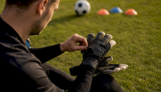 Der Torwart passt seine Fingersave-Handschuhe individuell an.