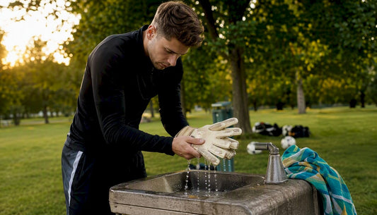 Der Torwart macht seine Handschuhe direkt auf dem Platz sauber.