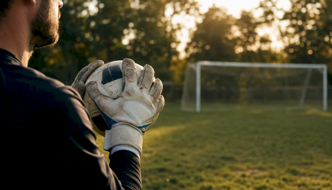 Nahaufnahme: Abgenutzte Fingerspitzen eines Torwarthandschuhs